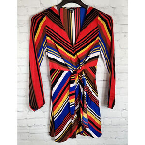 Express Womens Blue Red Striped Long Sleeved Dress Size XS Tie Waist V Neck
